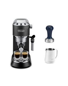 [優惠套裝] De'Longhi Dedica Style 系列半自動咖啡機(黑色) EC685.BK + 咖啡粉填壓器 DLSC058 + 白色不銹鋼打奶壺500亳升 DLSC081