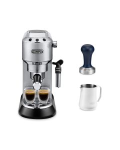 [優惠套裝] De'Longhi Dedica Style 系列半自動咖啡機(銀色) EC685.M + 咖啡粉填壓器 DLSC058 + 白色不銹鋼打奶壺500亳升 DLSC081