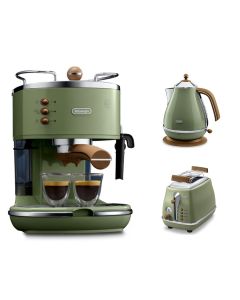 意式早餐復古系列 (橄欖綠): 電水壺 + 多士爐 + 半自動咖啡機