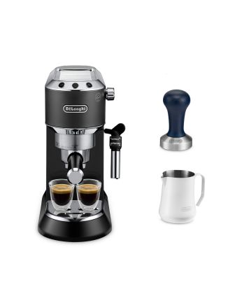 [優惠套裝] De'Longhi Dedica Style 系列半自動咖啡機(黑色) EC685.BK + 咖啡粉填壓器 DLSC058 + 白色不銹鋼打奶壺500亳升 DLSC081