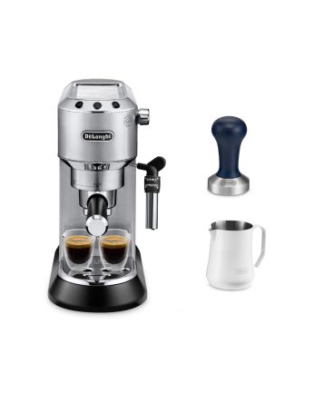 [優惠套裝] De'Longhi Dedica Style 系列半自動咖啡機(銀色) EC685.M + 咖啡粉填壓器 DLSC058 + 白色不銹鋼打奶壺500亳升 DLSC081