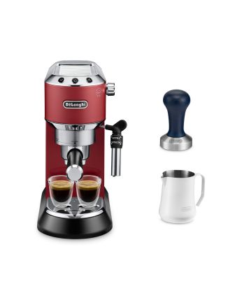 [優惠套裝] De'Longhi Dedica Style 系列半自動咖啡機(紅色) EC685.R + 咖啡粉填壓器 DLSC058 +  白色不銹鋼打奶壺500亳升 DLSC081