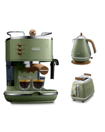 [優惠套裝] De'Longhi 意式早餐復古系列 半自動咖啡機ECOV311.GR+電水壺KBOV2001.GR+多士爐CTOV2103.GR(橄欖綠) 